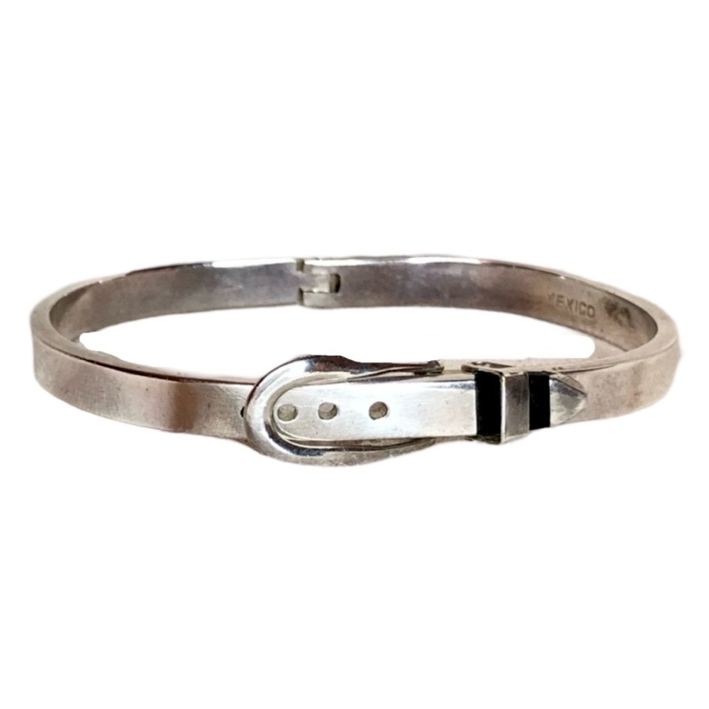 VTG Bracelet Sterling Silver Buckle Bangle with Onyx Made in Mexico hinged cuff